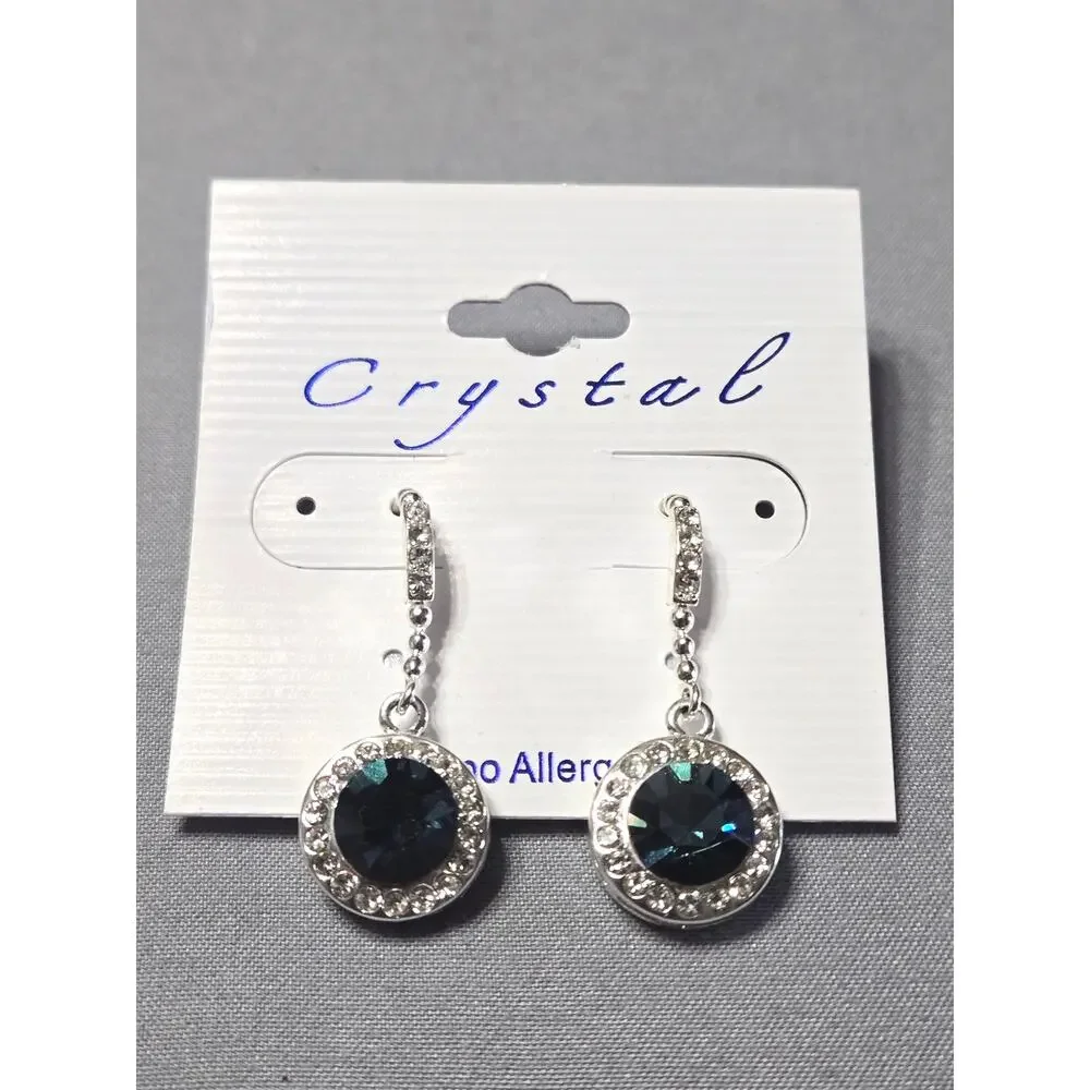 Dark Blue Crystal Halo Drop Earrings Silver Tone